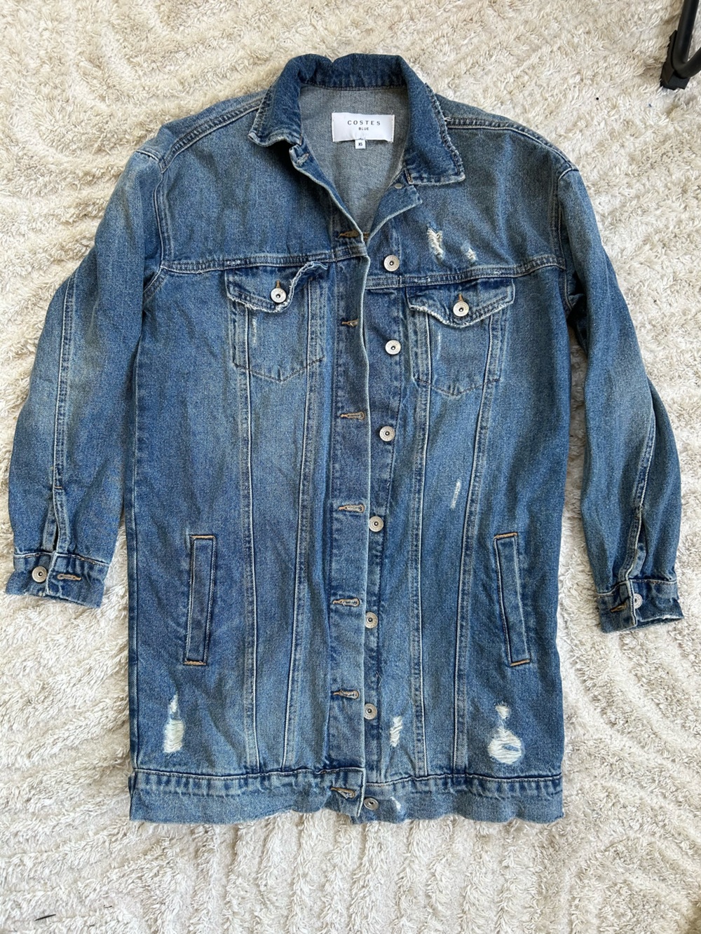 Costes Blue Distressed Long Blue Denim Jacket